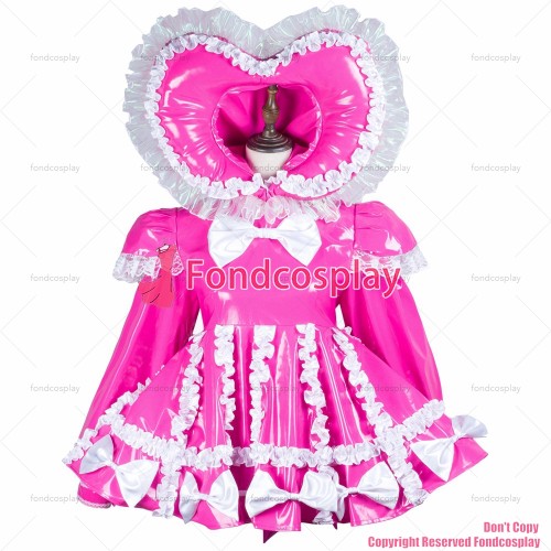 fondcosplay cross dressing sissy maid hot pink thin pvc dress lockable jumpsuits rompers panties Heart hood CD/TV[G3728]