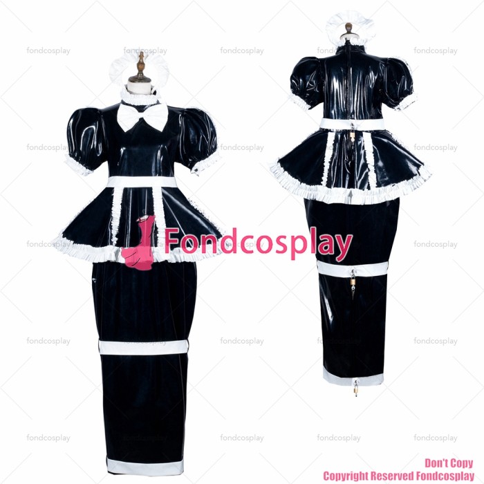 fondcosplay adult sexy cross dressing sissy maid long black heavy pvc dress lockable Uniform cosplay costume CD/TV[G3777]