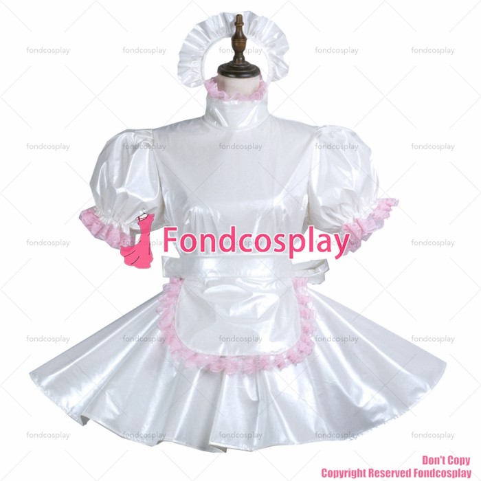 fondcosplay adult sexy cross dressing sissy maid short white thin pvc dress lockable Uniform apron costume CD/TV[G3744]