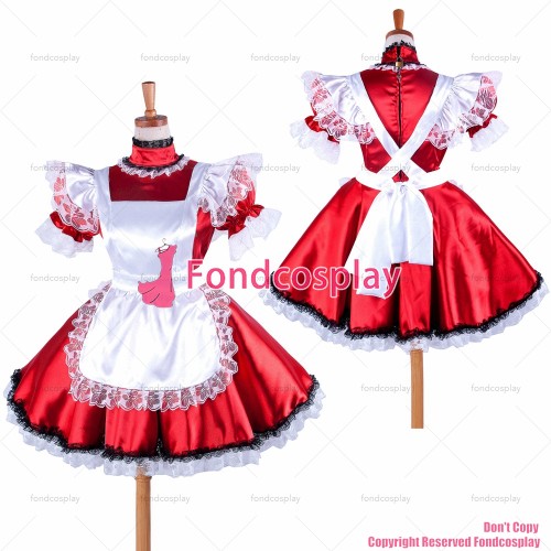 fondcosplay adult sexy cross dressing sissy maid short Red Satin Dress Lockable Uniform white apron Costume CD/TV[G334]