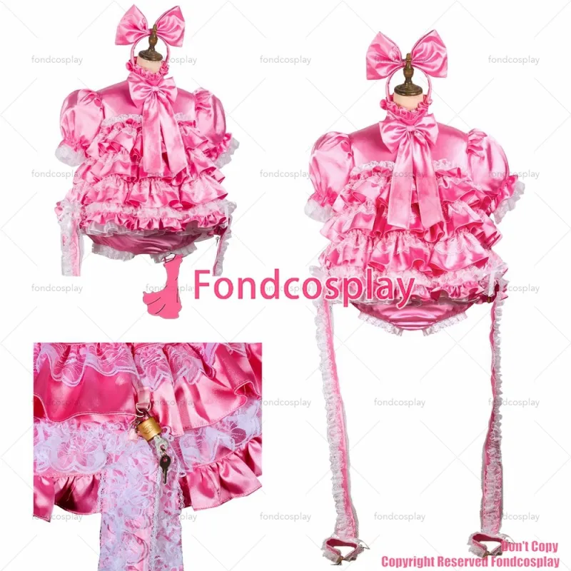 fondcosplay adult sexy cross dressing sissy maid short pink satin dress lockable Uniform Handcuffs CD/TV[G3760]