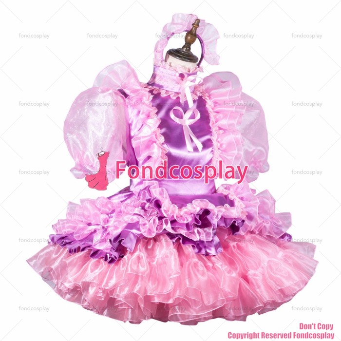 fondcosplay adult sexy cross dressing sissy maid short pink organza satin dress lockable Uniform apron CD/TV[G3799]