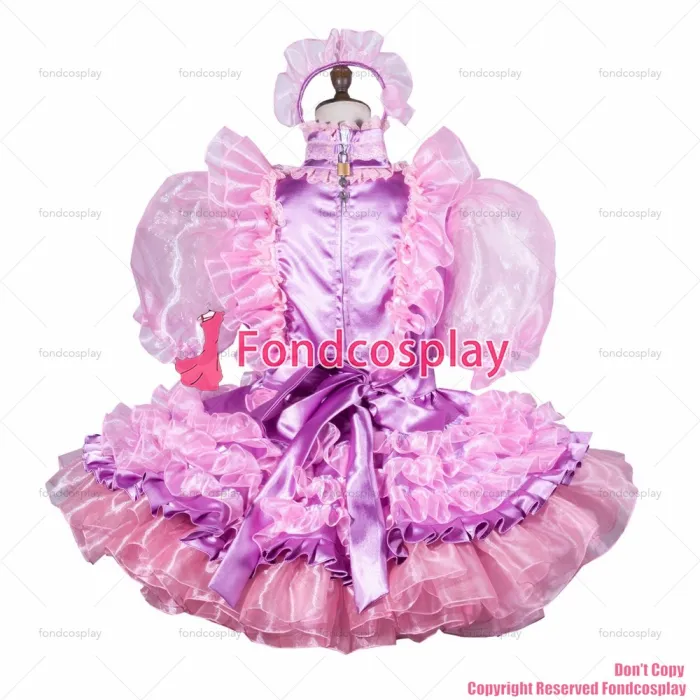 fondcosplay adult sexy cross dressing sissy maid short pink organza satin dress lockable Uniform apron CD/TV[G3799]