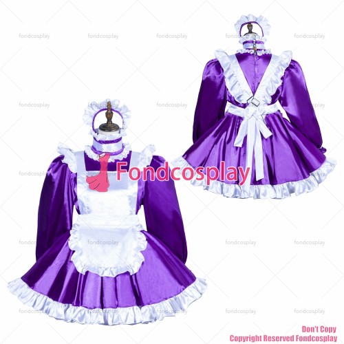 fondcosplay adult sexy cross dressing sissy maid Purple satin dress lockable Uniform white apron costume CD/TV[G3765]