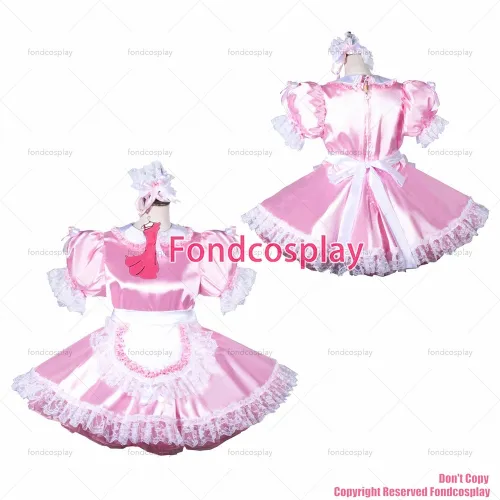 fondcosplay adult sexy cross dressing sissy maid baby pink satin dress lockable white apron Peter Pan collar CD/TV[G3793]