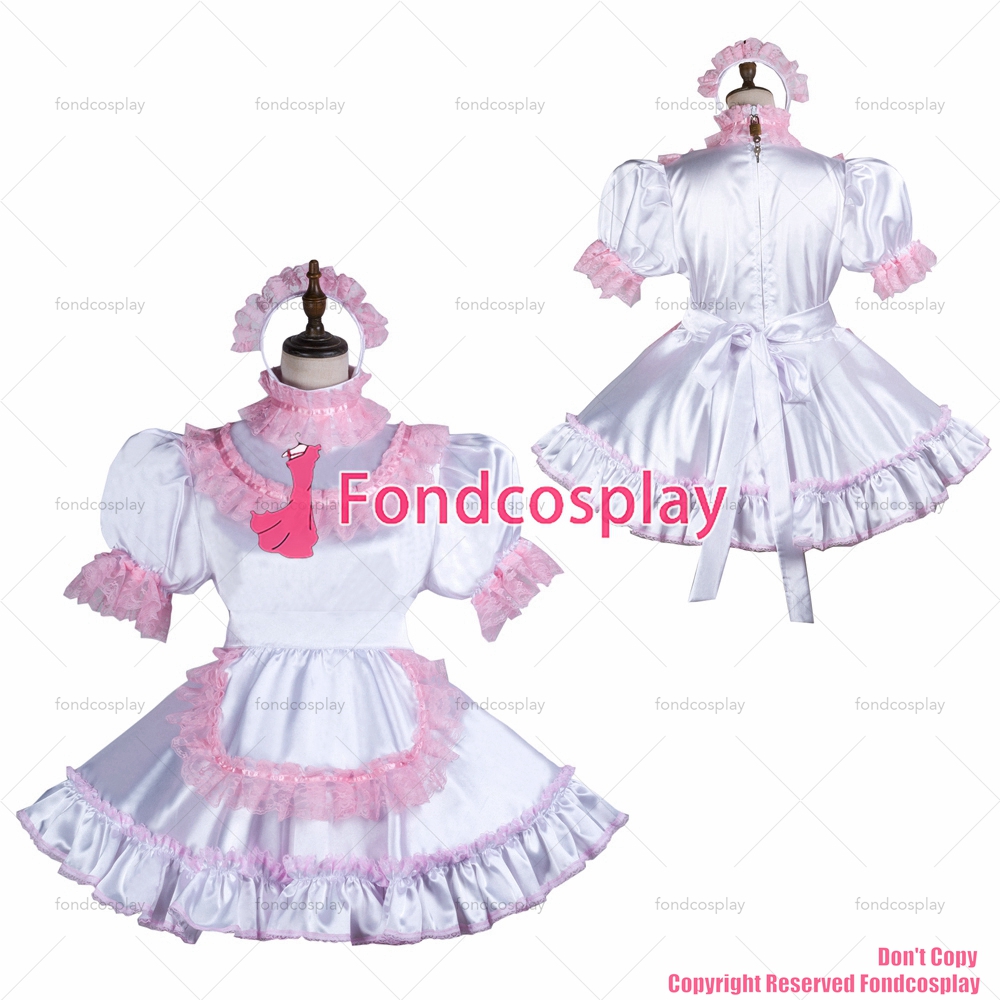 fondcosplay adult sexy cross dressing sissy maid short white satin ...