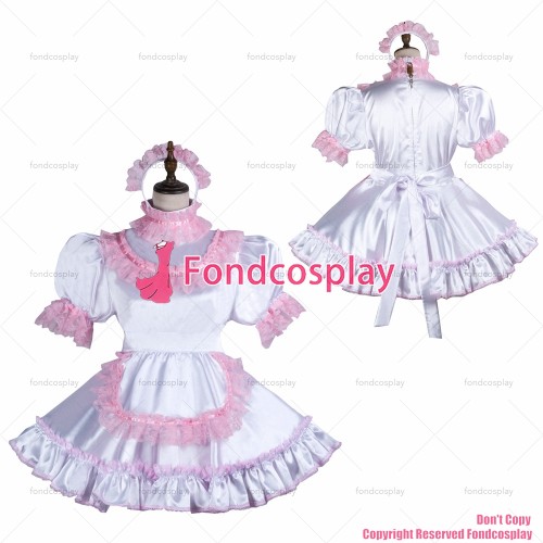 fondcosplay adult sexy cross dressing sissy maid short white satin dress lockable Uniform apron costume CD/TV[G3746]