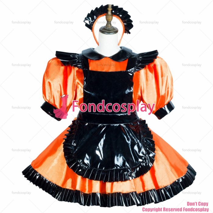 fondcosplay adult sexy cross dressing sissy maid short Orange satin dress black pvc apron lockable Uniform CD/TV[G3769]