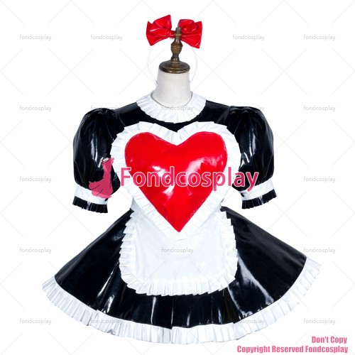 fondcosplay adult sexy cross dressing sissy maid black heavy pvc Heart dress lockable Uniform white apron CD/TV[G3750]