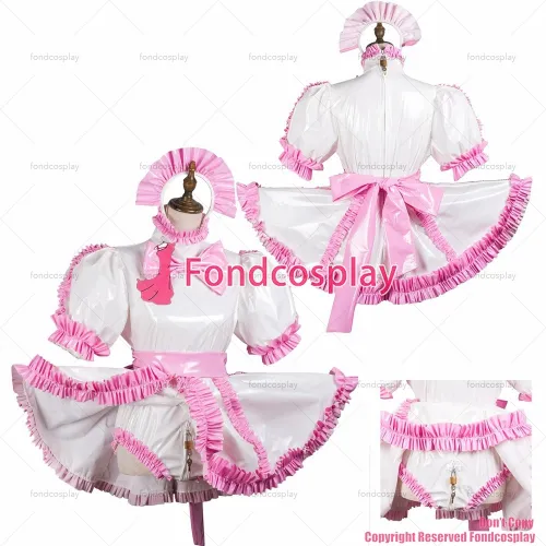 fondcosplay adult sexy cross dressing sissy maid white thin pvc dress lockable Uniform jumpsuits rompers CD/TV[G3711]
