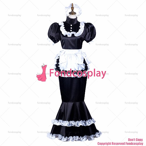 fondcosplay adult sexy cross dressing sissy maid black satin dress lockable Uniform white apron Fish tail CD/TV[G3721]