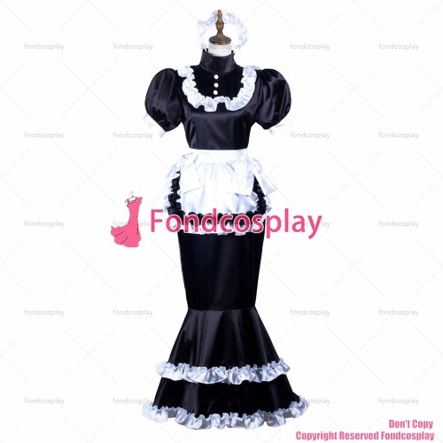 fondcosplay adult sexy cross dressing sissy maid black satin dress lockable Uniform white apron Fish tail CD/TV[G3721]