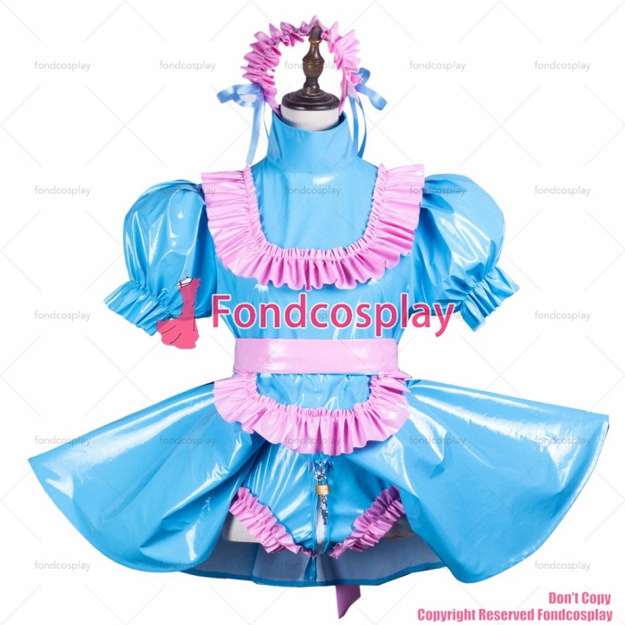 fondcosplay adult sexy cross dressing sissy maid baby blue thin pvc dress lockable panties jumpsuits rompers CD/TV[G3715]