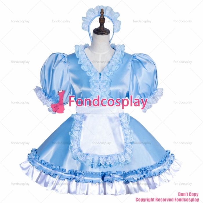 fondcosplay adult sexy cross dressing sissy maid short baby blue satin dress lockable Uniform white apron CD/TV[G3771]