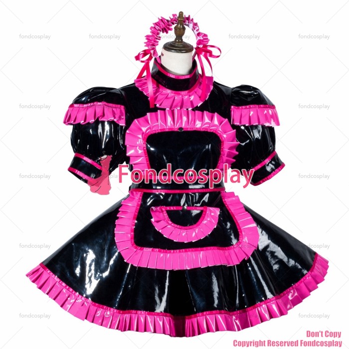fondcosplay adult sexy cross dressing sissy maid short black heavy pvc dress lockable Uniform apron costume CD/TV[G3792]