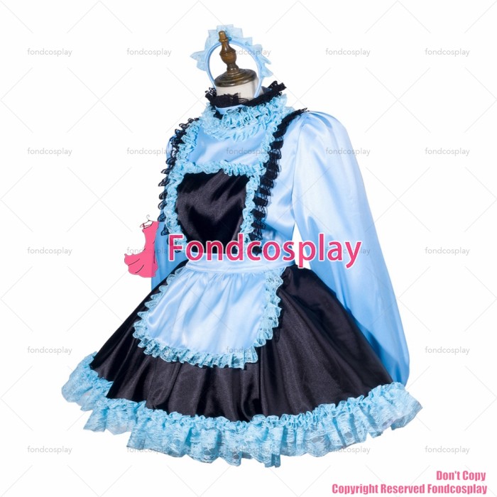 fondcosplay adult sexy cross dressing sissy maid short baby blue satin dress lockable Uniform apron costume CD/TV[G3789]