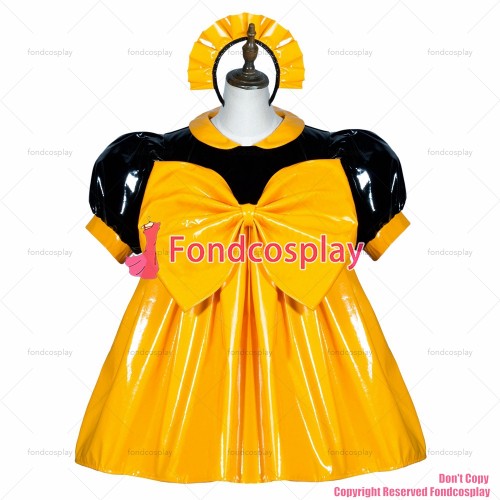 fondcosplay adult sexy cross dressing sissy maid black yellow heavy pvc dress lockable Uniform big Bowknot CD/TV[G3757]