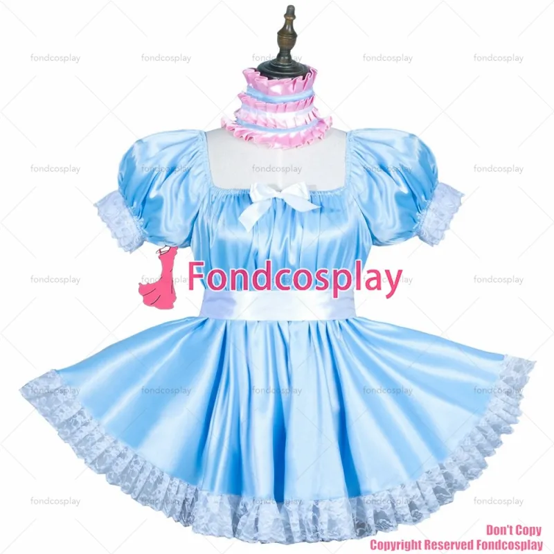 fondcosplay adult sexy cross dressing sissy maid baby blue satin dress lockable Uniform jumpsuits rompers CD/TV[G3755]