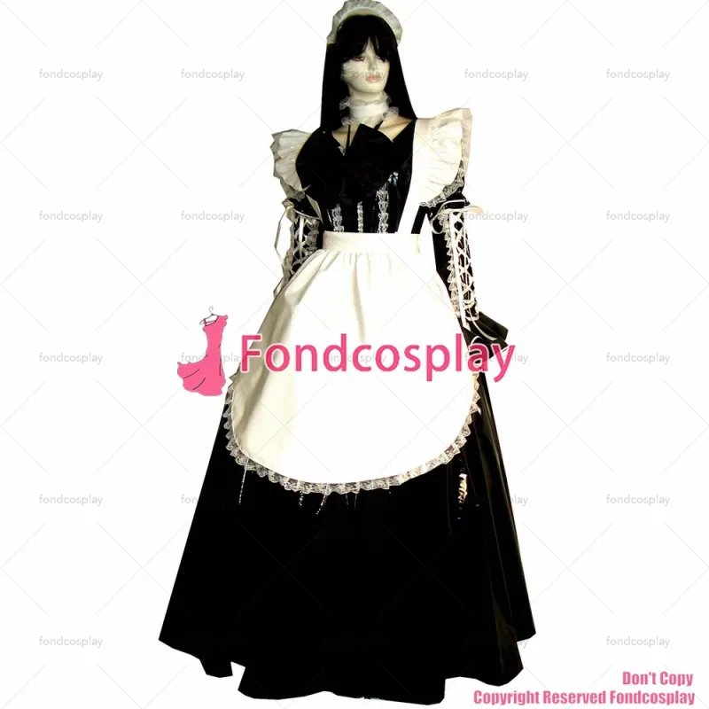 fondcosplay adult sexy cross dressing sissy maid long Black thin Pvc Dress Lockable Uniform white apron CD/TV[G314]