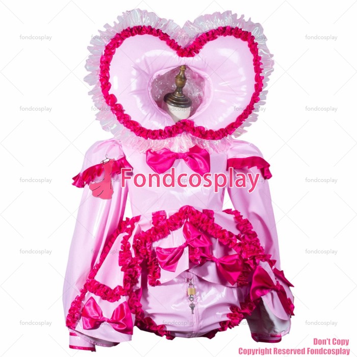 fondcosplay adult cross dressing sissy maid baby pink thin pvc dress lockable jumpsuits rompers heart hood CD/TV[G3791]