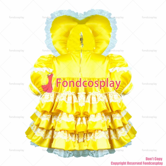 fondcosplay adult sexy cross dressing sissy maid short yellow satin dress lockable Uniform Heart hood CD/TV[G3703]