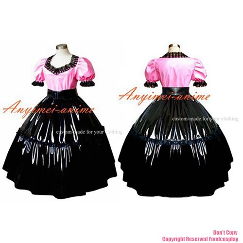 fondcosplay adult sexy cross dressing sissy maid Gothic Lolita Punk pink thin Pvc shirt black skirt Costume CD/TV[G309]