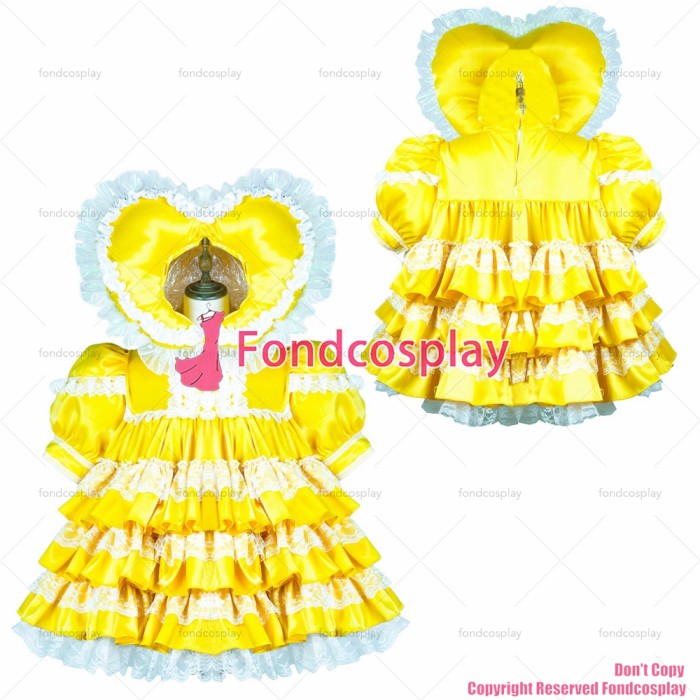 fondcosplay adult sexy cross dressing sissy maid short yellow satin dress lockable Uniform Heart hood CD/TV[G3703]