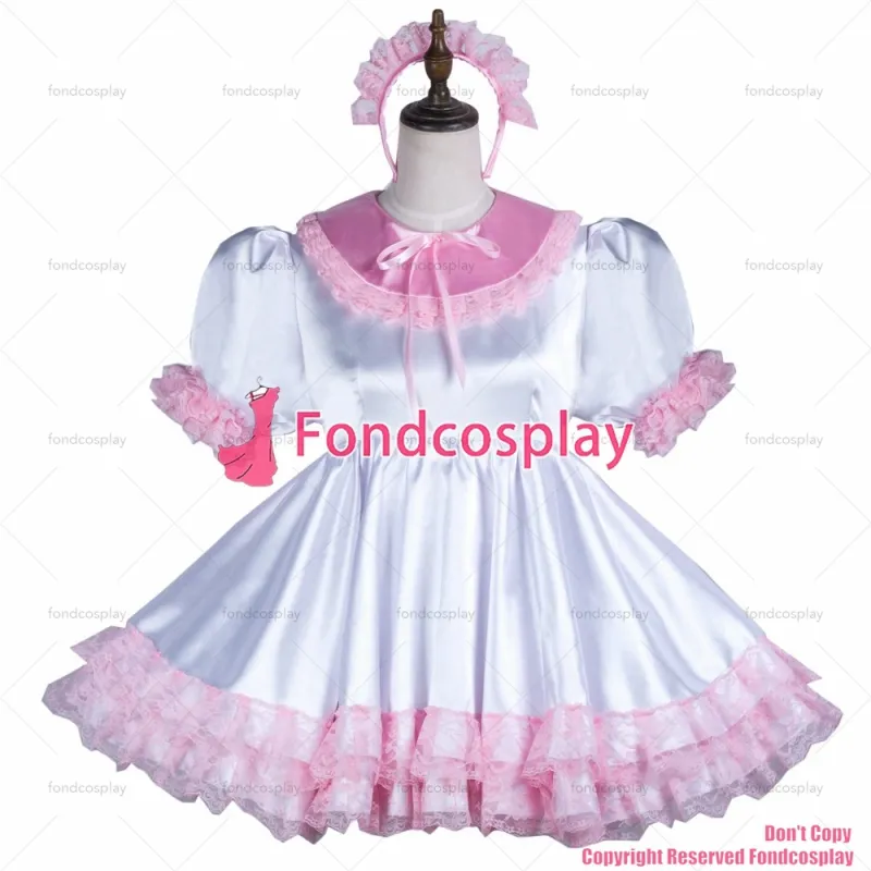 fondcosplay adult sexy cross dressing sissy maid short white satin dress lockable Uniform CD/TV[G3745]