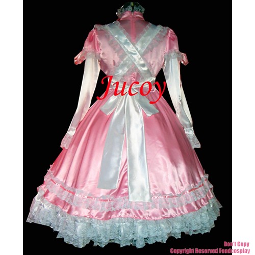 fondcosplay adult sexy cross dressing sissy maid long Pink Satin Dress Lockable Uniform white apron Costume CD/TV[G327]