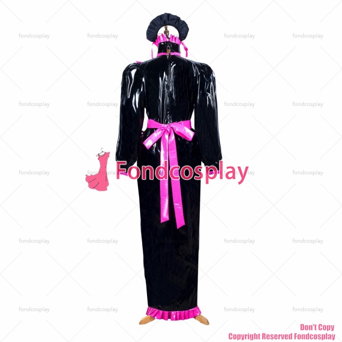 fondcosplay adult sexy cross dressing sissy maid long black heavy pvc dress lockable Uniform apron costume CD/TV[G3716]