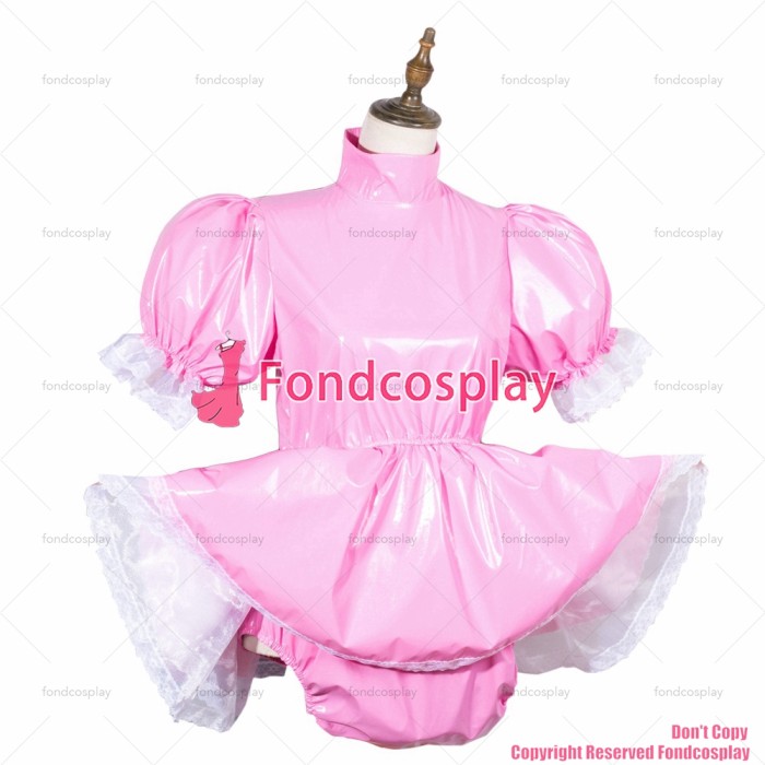 fondcosplay sexy cross dressing sissy maid baby pink thin pvc dress lockable jumpsuits rompers hood panties CD/TV[G3780]