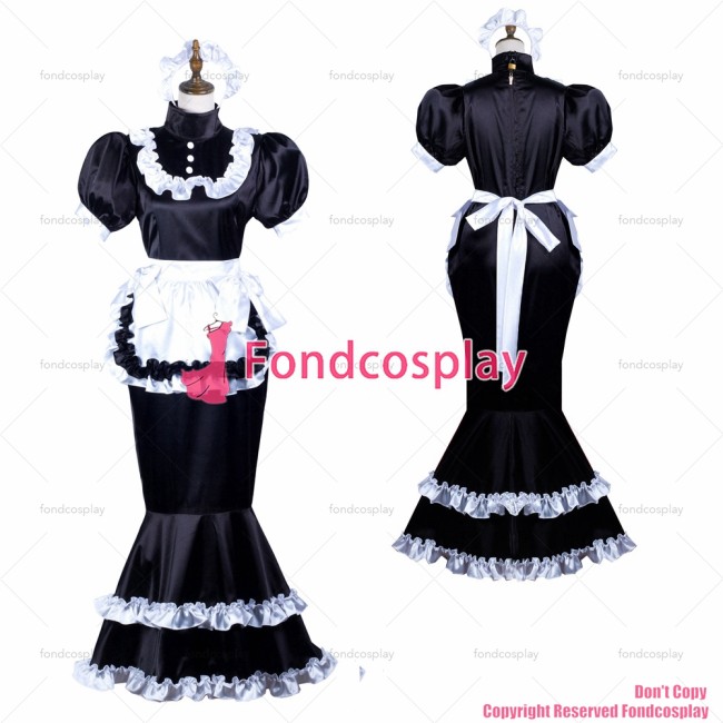 fondcosplay adult sexy cross dressing sissy maid black satin dress lockable Uniform white apron Fish tail CD/TV[G3721]