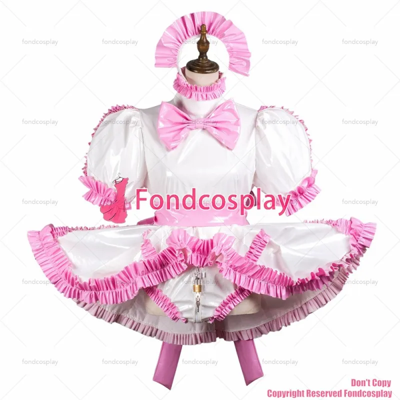 fondcosplay adult sexy cross dressing sissy maid white thin pvc dress lockable Uniform jumpsuits rompers CD/TV[G3711]