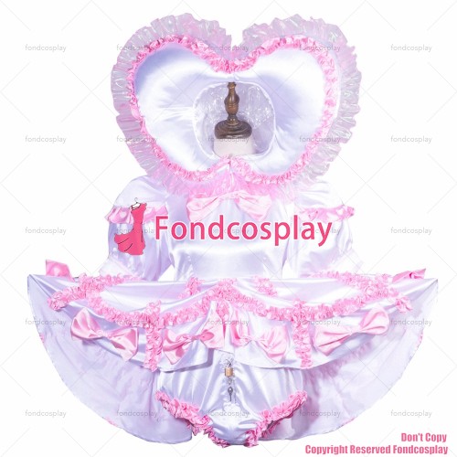 fondcosplay adult sexy cross dressing sissy maid white satin dress lockable heart hood jumpsuits rompers CD/TV[G3759]
