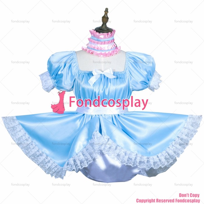 fondcosplay adult sexy cross dressing sissy maid baby blue satin dress lockable Uniform jumpsuits rompers CD/TV[G3755]