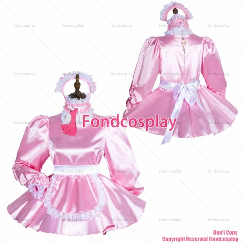 fondcosplay adult sexy cross dressing sissy maid short baby pink satin dress lockable Uniform apron costume CD/TV[G3762]