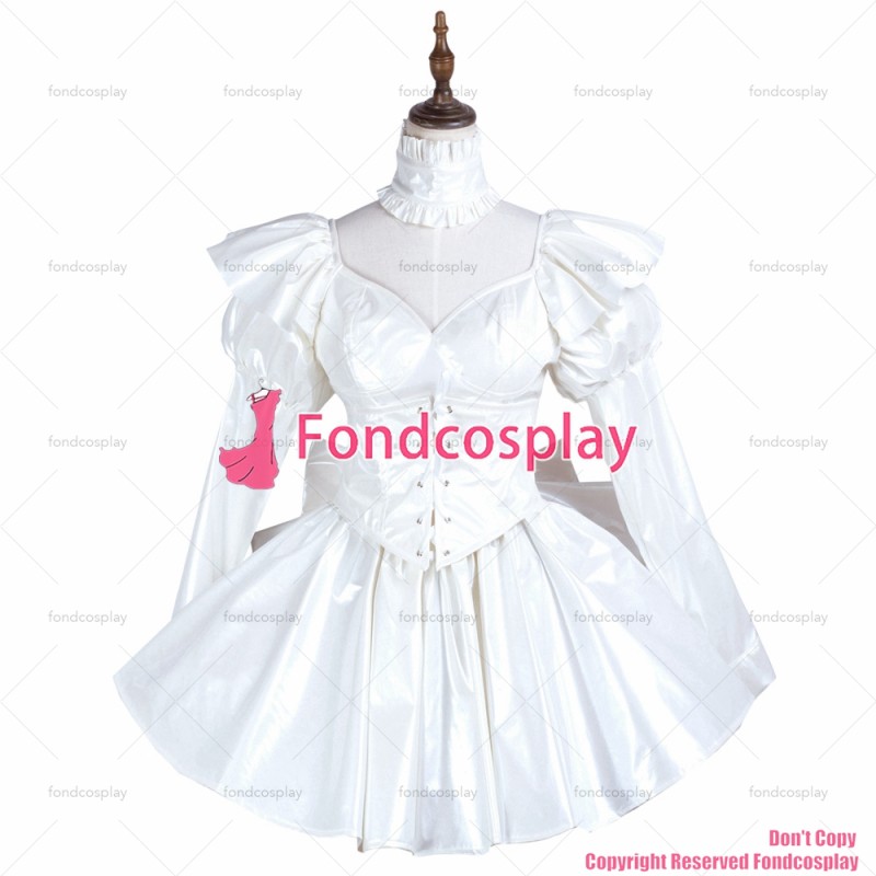 fondcosplay adult sexy cross dressing sissy maid short white leather dress lockable Uniform cosplay costume CD/TV[G3738]