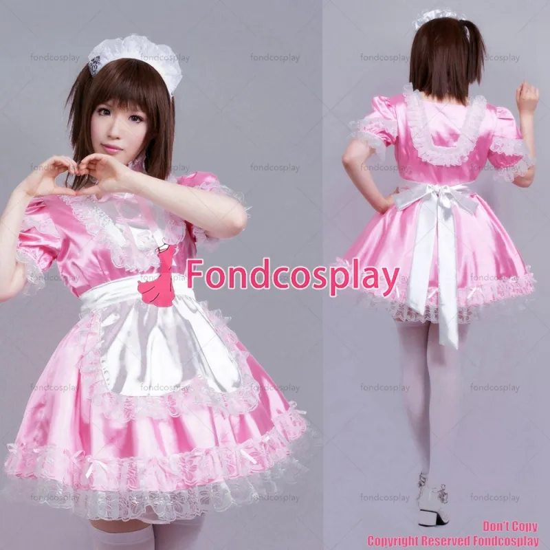 fondcosplay adult sexy cross dressing baby sissy maid short sweet Satin Pink Dress Lockable Uniform Costume CD/TV[G358]