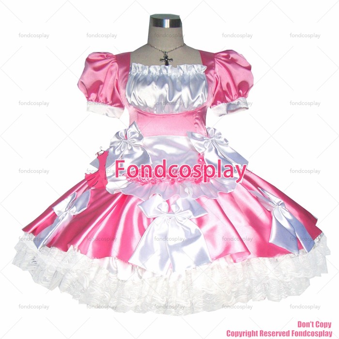 fondcosplay adult sexy cross dressing sissy maid short Satin Pink Dress Uniform white apron Cosplay Costume CD/TV[G363]