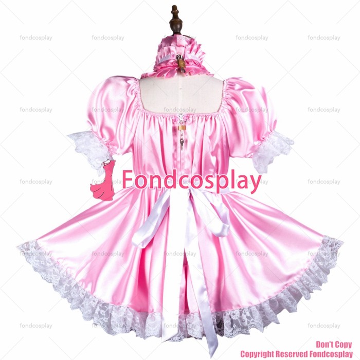 fondcosplay adult sexy cross dressing sissy maid baby pink satin dress lockable Uniform jumpsuits rompers CD/TV[G3736]