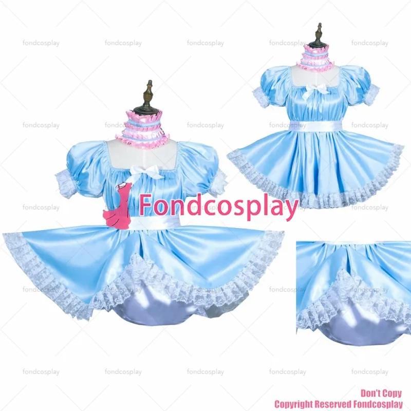 fondcosplay adult sexy cross dressing sissy maid baby blue satin dress lockable Uniform jumpsuits rompers CD/TV[G3755]