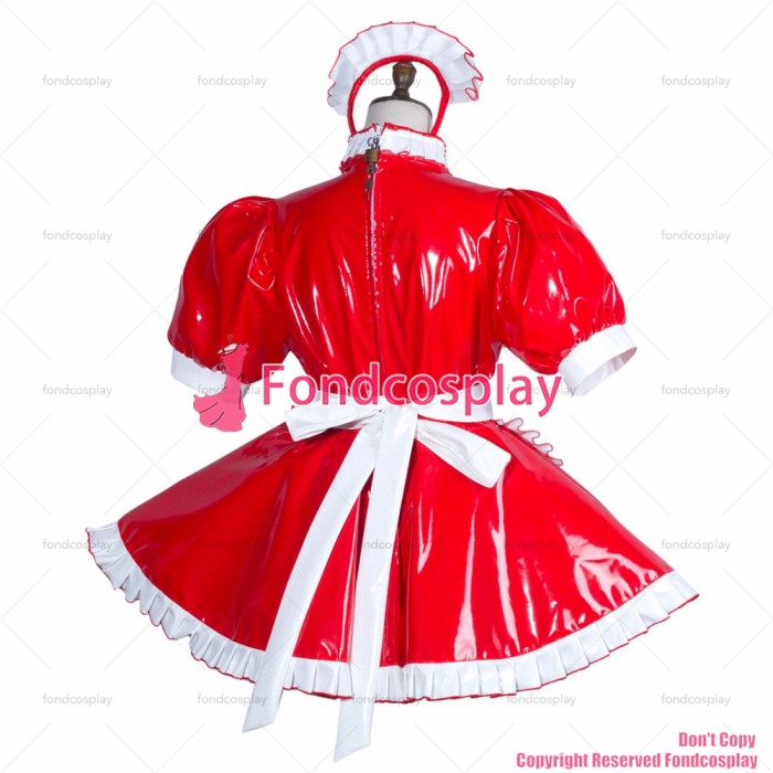 fondcosplay adult sexy cross dressing sissy maid short red heavy pvc dress lockable Uniform white apron CD/TV[G3756]