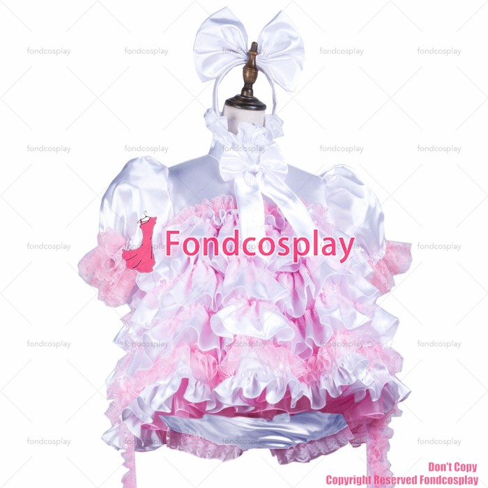 fondcosplay adult sexy cross dressing sissy maid short white satin dress lockable Uniform panties Handcuffs CD/TV[G3727]
