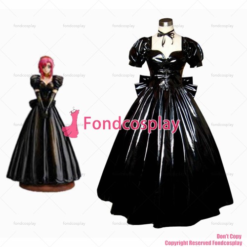 fondcosplay adult sexy cross dressing sissy maid long Saber gothic lolita punk black thin PVC dress Costume CD/TV[G302]