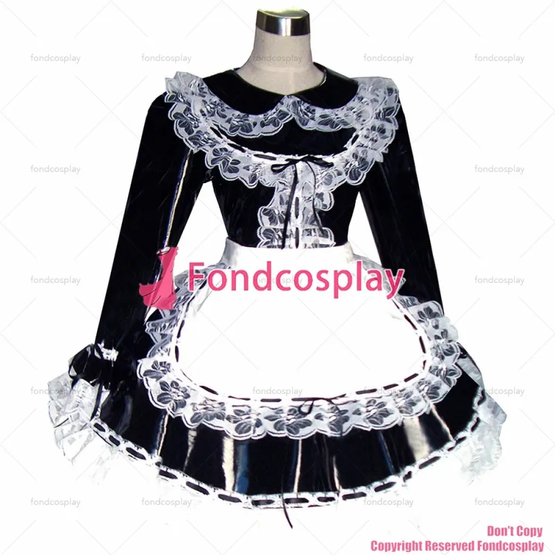 fondcosplay adult sexy cross dressing sissy maid heavy Black Pvc Dress Lockable Uniform white apron Costume CD/TV[G349]