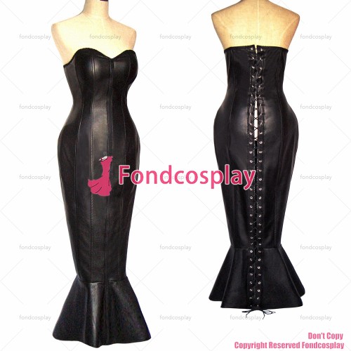 fondcosplay adult sexy cross dressing sissy maid long Black Faux Leather Lace Up Boned Fish tail Corset Party Dress[G337]