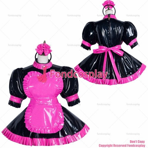 fondcosplay adult sexy cross dressing sissy maid black heavy pvc dress lockable Uniform hot pink apron CD/TV[G3751]