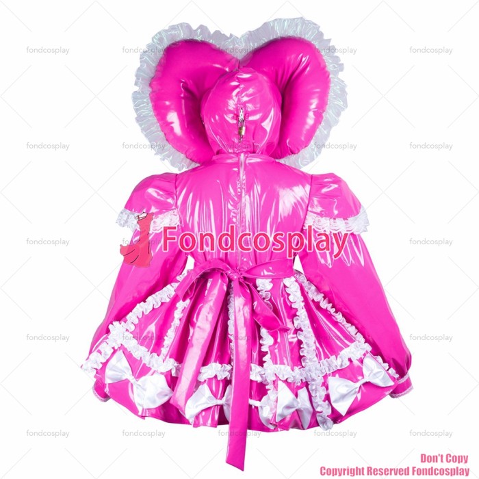 fondcosplay cross dressing sissy maid hot pink thin pvc dress lockable jumpsuits rompers panties Heart hood CD/TV[G3728]