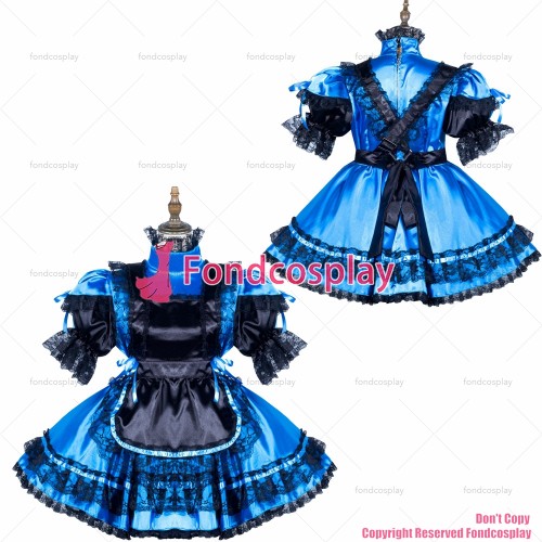fondcosplay adult sexy cross dressing sissy maid short blue satin dress lockable Uniform black apron costume CD/TV[G3801]