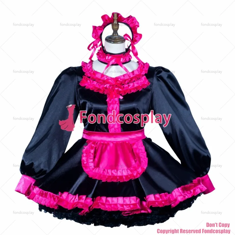 fondcosplay adult sexy cross dressing sissy maid black satin dress lockable Uniform hot pink apron costume CD/TV[G3798]